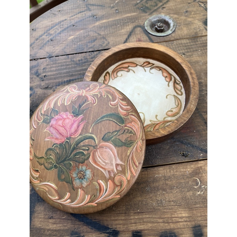 Vintage Hand Painted Wooden Trinket Box Floral Folk Art Round Lidded Box 6"